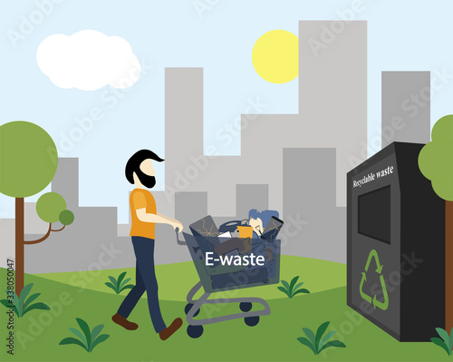 A man takes electronics waste on a trolley to a waste recycling center. Concept with city skyscrapers skyline in the background. Flat design style colorful illustration.