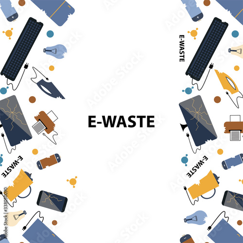 Template for text. Flat design style colorful illustration. E-waste sorting and recycling. Electrical waste symbols collection -  computer; phone; kettle; printer; monitor; broken glass; iron, battery