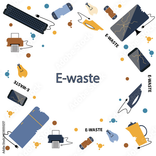 Template for text. Flat design style colorful illustration. E-waste sorting and recycling. Electrical waste symbols collection -  computer; phone; kettle; printer; monitor; broken glass; iron, battery