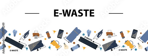 Horizontal seamless border. E-Waste sorting and recycling. Flat design style colorful illustration.  Electrical waste symbols collection -  computer; phone; kettle; printer; monitor; broken glass; iro