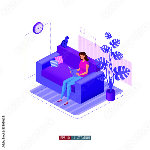 Trendy flat illustration. Girl with a book in the sofa. Indoor plant in a pot. Sitting cat. Template for your design works. Vector graphics.