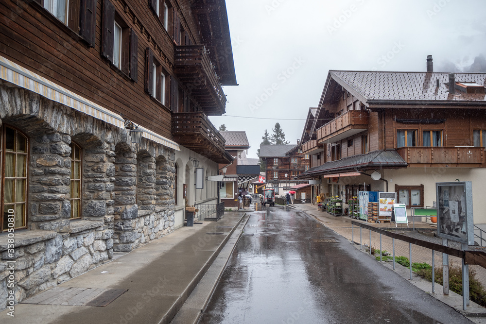 Beautiful wooden house at Murren for background , copy space , Switzerland