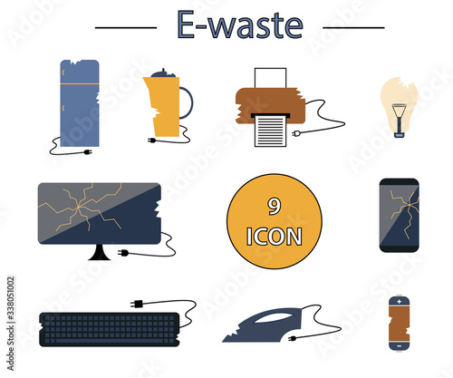 Flat icon collection - colorful vector e-waste elements. Electrical waste symbols collection -  computer; phone; kettle; printer; monitor; broken glass; iron, battery, keyboard, light bulb.
