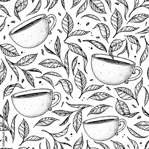 Seamless pattern. Cup of tea vector illustration. Tea leaf and cup. Hand drawn sketch. Engraved style.