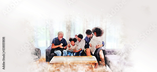 Abstract happiness family have fun and meeting in home on watercolor illustration painting background.