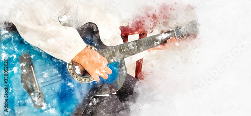 Abstract colorful a girl playing acoustic guitar on watercolor illustration painting background.