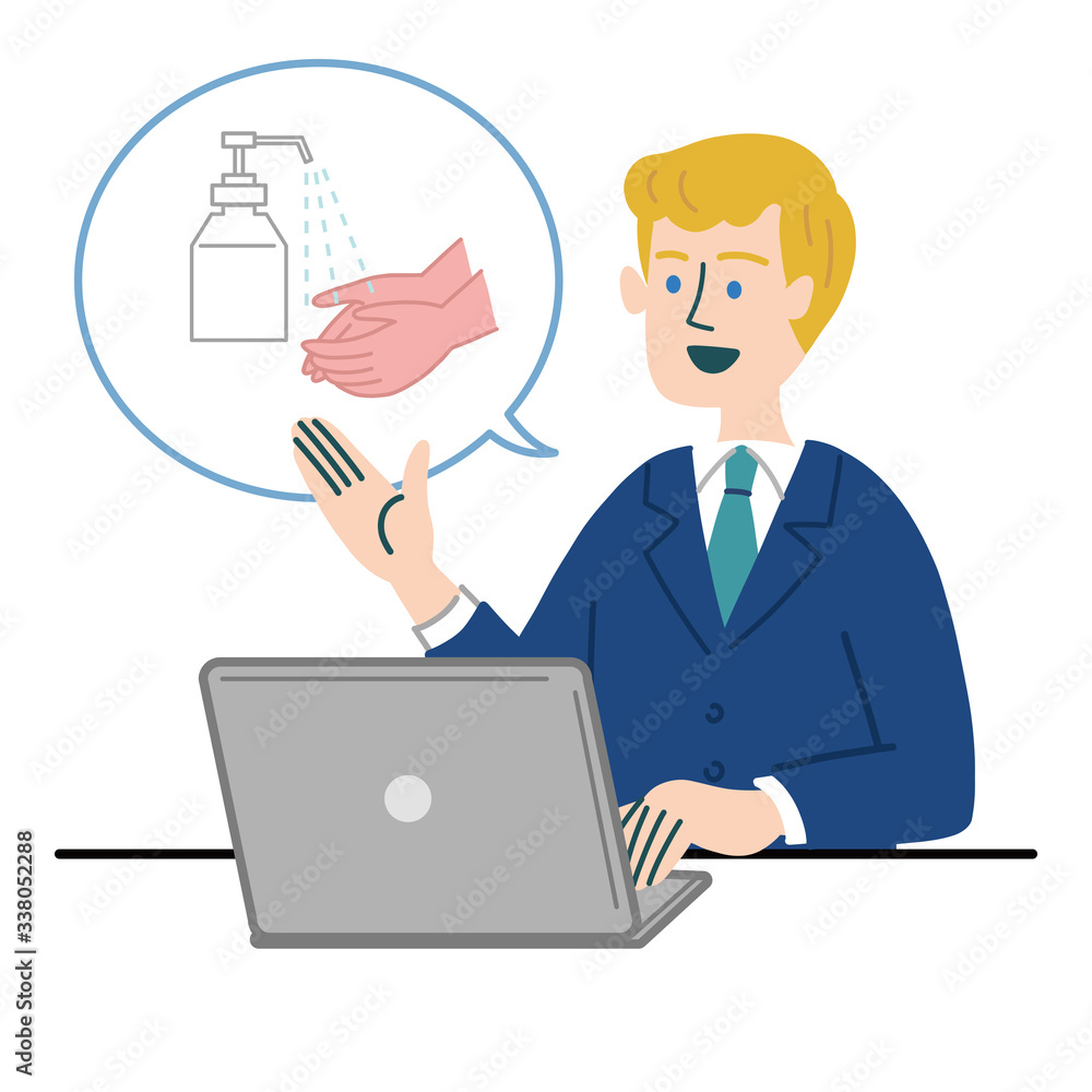 スーツ　男性　外国人　ブロンド　パソコン　アルコール消毒