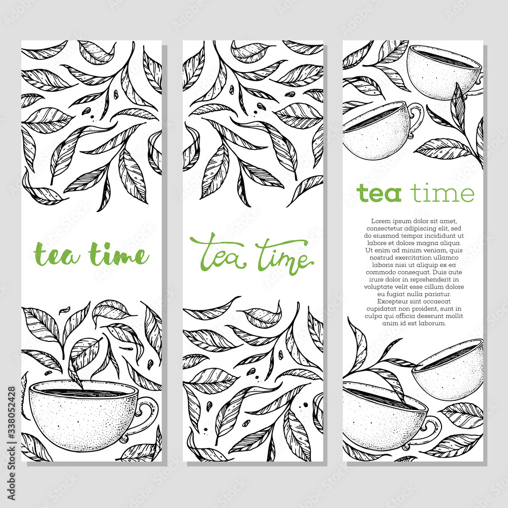 Vintage banner collection. Cup of tea vector illustration. Tea leaf and cup. Hand drawn sketch. Engraved style.