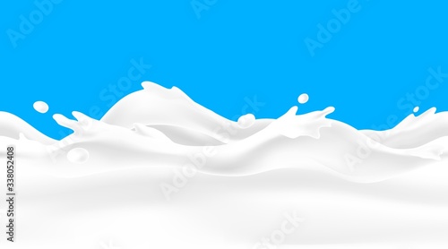 Milk wave background. Seamless liquid yoghurt flow with drops and splashes, realistic 3D border for dairy packaging design. Vector image cream or milk beverage frame element