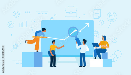Vector illustration in trendy flat and linear style - teamwork and business growth concept - people constructing graphics
