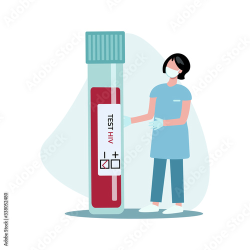 Flat vector illustration of doctor with test tube of blood for hiv  isolated on blue background. Template for website, landing page, banner 