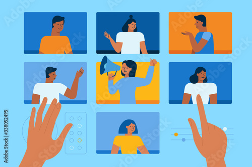 Vector illustration in simple flat style with chatacyers - video conference and online meeting interface - teamwork and development concept - banner and infographics design template