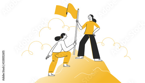 Vector illustration in flat cartoon simple style with characters - women climbing to the top of the mountain with a flag