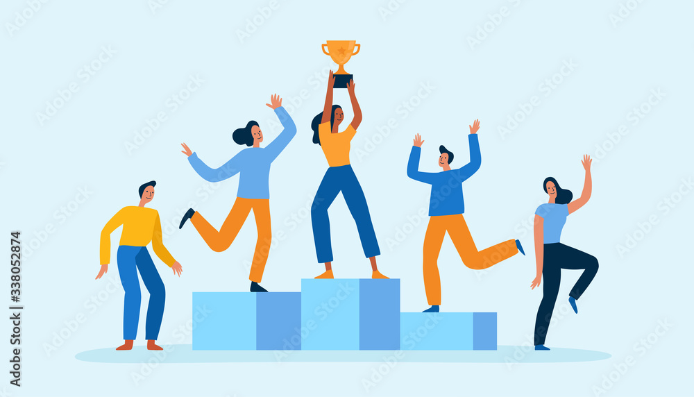 Vector illustration in flat cartoon simple style with characters - team celebrating victory standing on the podium and dancing and jumping Vector illustration in flat cartoon simple style with characters - team celebrating victory standing on the podium and dancing and jumping