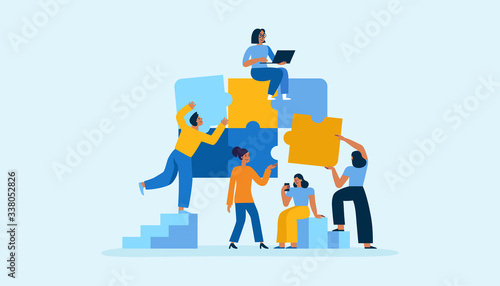 Vector illustration in simple flat style - teamwork and development concept - people holding  abstract geometric shapes and puzzle pieces - organisation and management photo