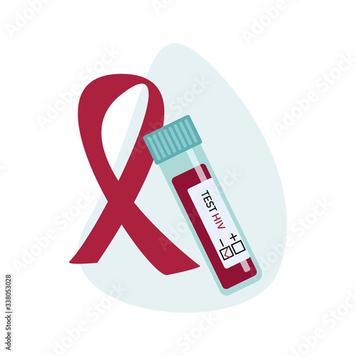 Flat vector illustration of red ribbon and  blood test for HIV isolated on blue background. Template for website, landing page, banner, card, print 