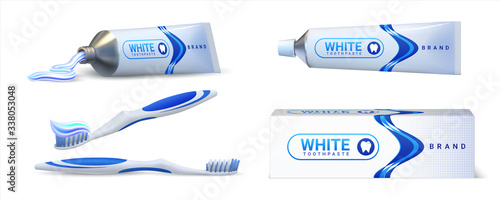 Toothpaste. Realistic 3D tube packaging mockup with brand identity and dental care advertisement. Vector isolated illustration oral hygiene products set with toothbrush and toothpaste