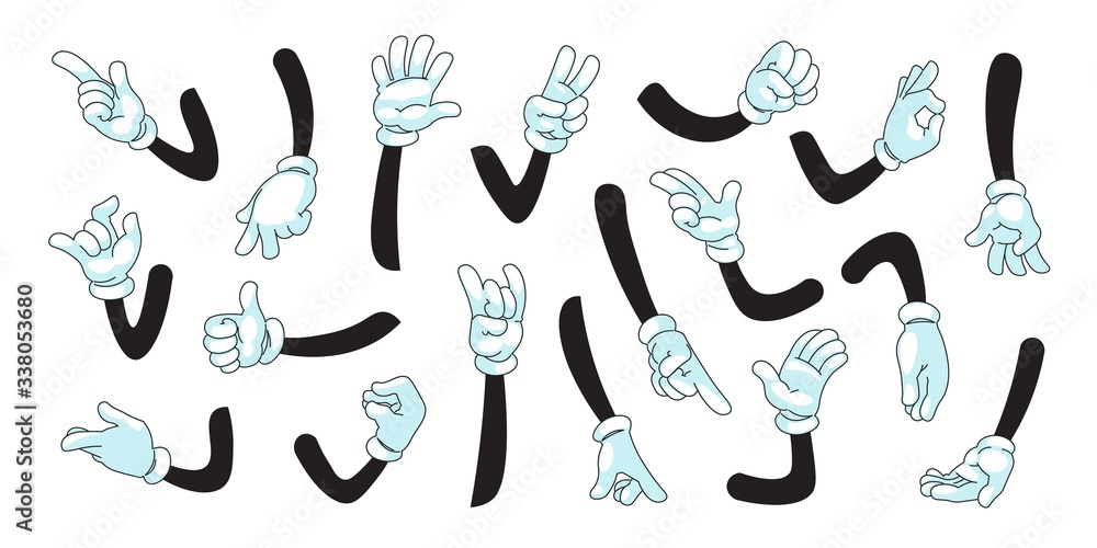 Cartoon arms. Human or mascot characters in white gloves showing
