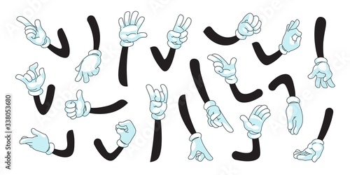 Cartoon arms. Human or mascot characters in white gloves showing gestures with palms and fingers. Vector illustration comic symbols collection with black contour hands gloves set