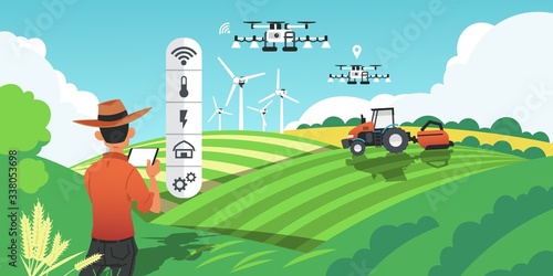 Smart farming. Growing crops and harvesting plants with futuristic technologies, drones on field and GPS vehicles. Vector image cartoon smart agro industry concept, future agricultural innovations photo