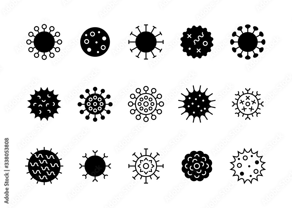 Coronavirus icons. Covid-19 virus warning symbols, dangerous flu disease and pneumonia prevention signs. Vector symbol infection corona virus cell set Coronavirus icons. Covid-19 virus warning symbols, dangerous flu disease and pneumonia prevention signs. Vector symbol infection corona virus cell set