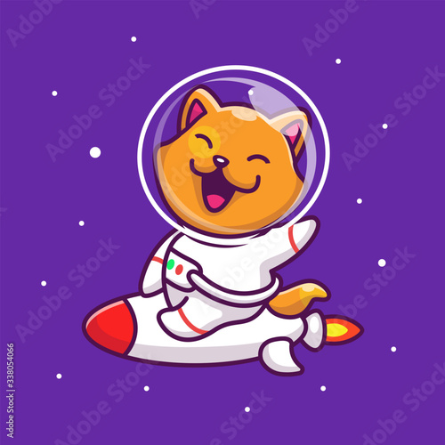 Astronaut Cat Riding On Rocket Vector Icon Illustration. Mascot Cartoon Character. Animal Icon Concept White Isolated. Flat Cartoon Style Suitable for Web Landing Page, Banner, Flyer, Sticker, Card