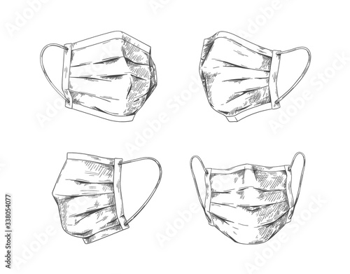 Breathing masks. Hand drawn medical face mask, flu pneumonia and coronavirus protection and prevention. Vector doodle respiratory mask graphic design for health pollution protect