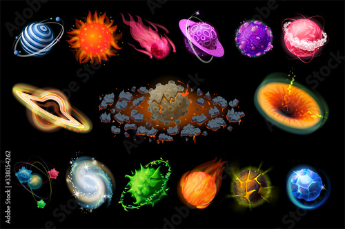 Space planets. Cartoon Universe elements, fire stones, ice comets, iron and gas planets, detailed fantasy colorful geoids. Vector isolated set funny alien fantastic elements space