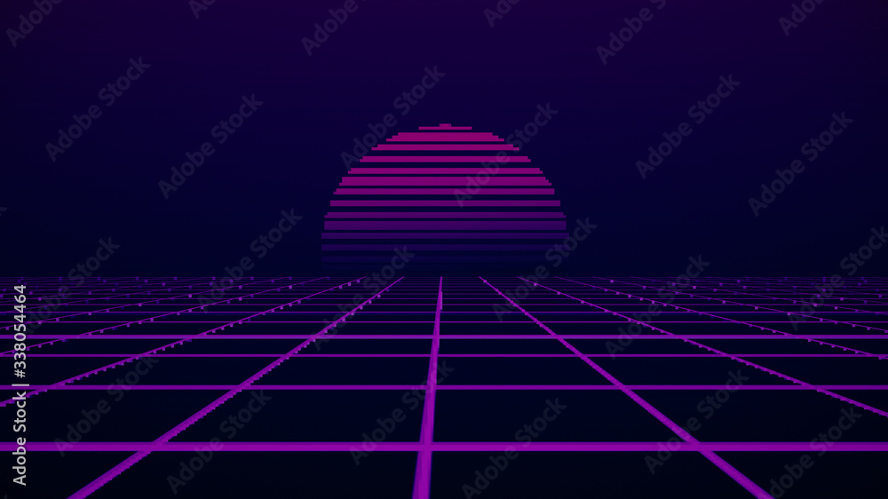 Retro cyberpunk style 80s game scene pixel art 8-bit sci-fi background. Futuristic with laser grid landscape. Digital cyber surface style of the 1980`s. 3D illustration