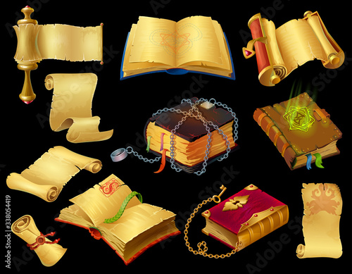Cartoon books and scrolls. Game UI icons of ancient medieval papyrus and fantasy magic spell. Vector mobile and computer game set objects on white background