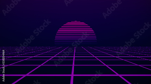 Obraz na płótnie Retro cyberpunk style 80s game scene pixel art 8-bit sci-fi background. Futuristic with laser grid landscape. Digital cyber surface style of the 1980`s. 3D illustration w salonie