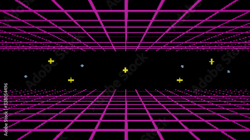 Retro cyberpunk style 80s game scene pixel art 8-bit sci-fi background. Futuristic with laser grid landscape. Digital cyber surface style of the 1980`s. 3D illustration photo
