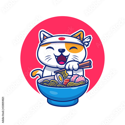 Cat Eating Ramen Noodle Vector Icon Illustration. Cat Logo Mascot Cartoon Character. Animal Icon Concept White Isolated. Flat Cartoon Style Suitable for Web Landing Page, Banner, Flyer, Sticker, Card
