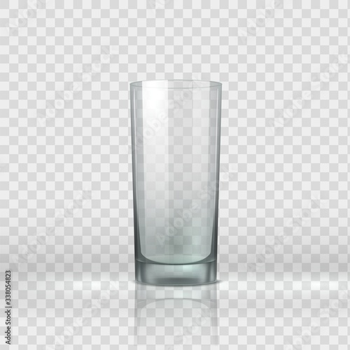 Empty glass. Realistic clear drink container, restaurant glassware. Vector image crystal cup for water or juice isolated on transparent background
