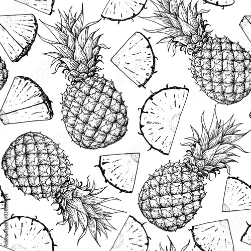 Seamless pattern. Pineappple hand drawn package design. Pineapple template. Vector illustration. Pineapple sketch, brochure illustration. Pattern illustration. Can used for package