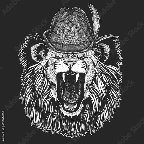 Lion. Oktoberfest. Tirol traditional hat. Beer festival. Wild animal portrait. Face of african cat.