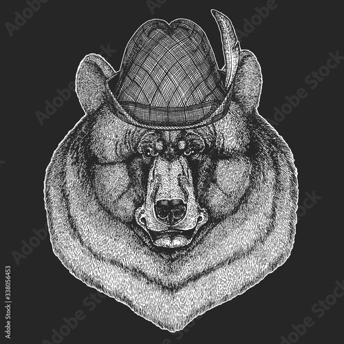 Wild bear. Oktoberfest. Tirol traditional hat. Beer festival. Portrait of animal for emblem, logo, tee shirt.