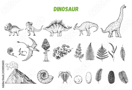 Dinosaurs hand drawn sketch. Vector illustration. Jurassic period. Herbivorous and carnivorous dinosaur. Hand drawn collection.