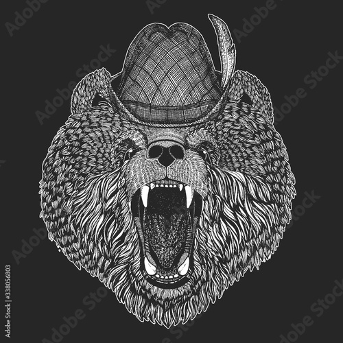 Wild bear. Oktoberfest. Tirol traditional hat. Beer festival. Portrait of animal for emblem, logo, tee shirt.
