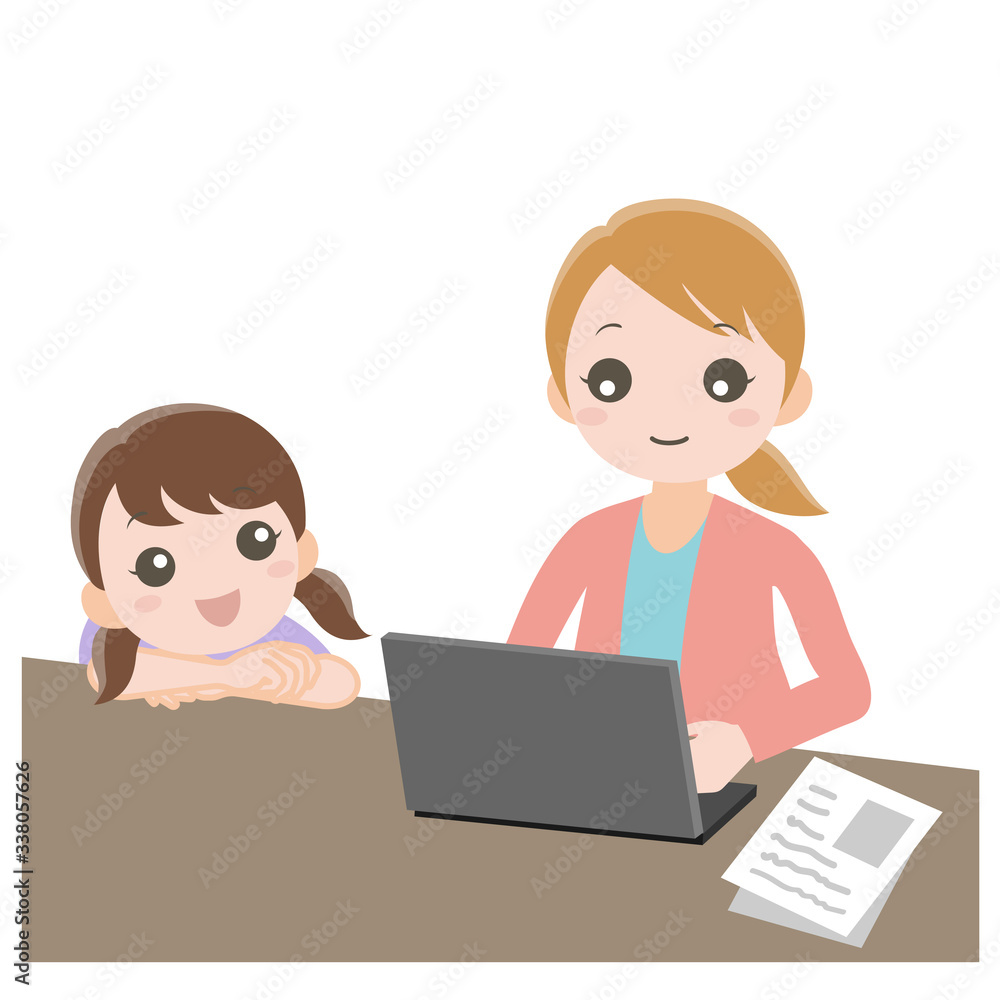 テレワークする女性とその子ども テレワークする女性とその子ども
