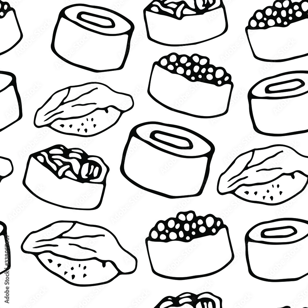 Sushi, Japanese roles with kale, caviar, salmon, trout, tuna are great design for any purposes. Seamless pattern for marketing design. Japanese traditional food. Doole vector pattern. Sushi, Japanese roles with kale, caviar, salmon, trout, tuna are great design for any purposes. Seamless pattern for marketing design. Japanese traditional food. Doole vector pattern.