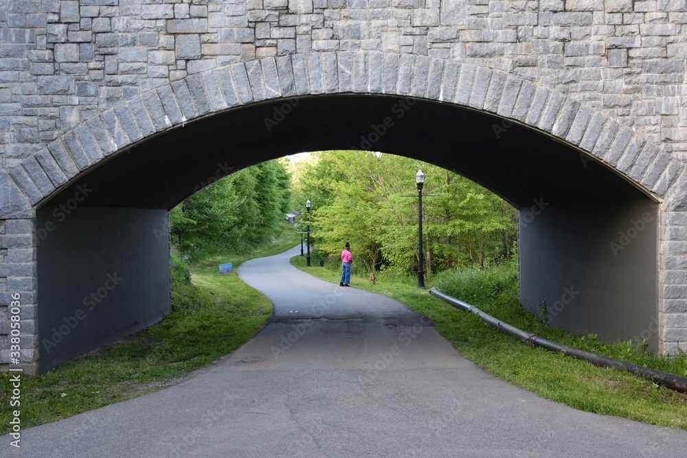 Obraz premium Park landscape and a pedestrian walkway underneath a bridge with stone exterior