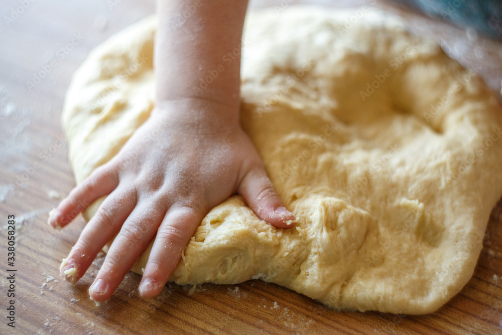 Child's hands knead yeast dough closeup Child's hands knead yeast dough closeup