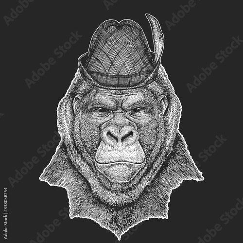 Monkey, gorilla, ape. Oktoberfest. Tirol traditional hat. Beer festival.