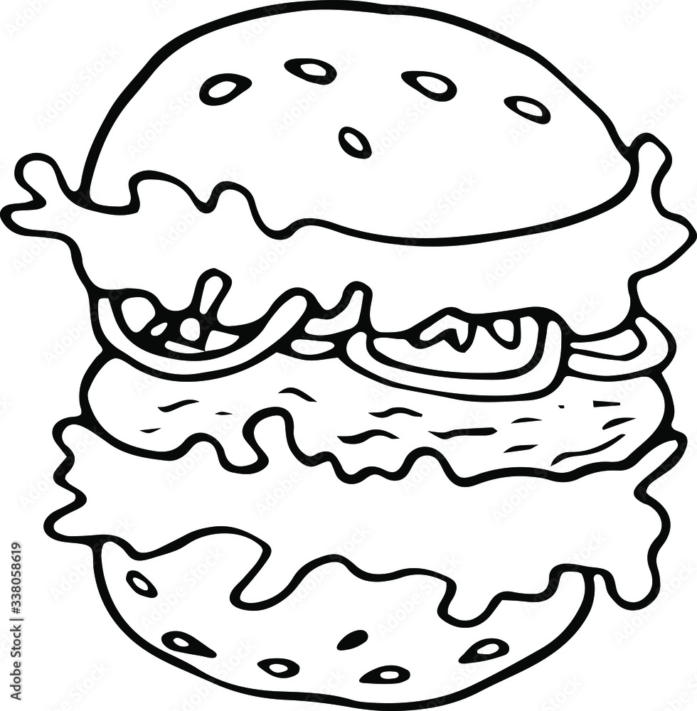 Retro sketch illustration with burger on white background. Fast food menu. American food. Doodle vector illustration. Retro sketch illustration with burger on white background. Fast food menu. American food. Doodle vector illustration.