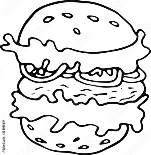 Retro sketch illustration with burger on white background. Fast food menu. American food. Doodle vector illustration.