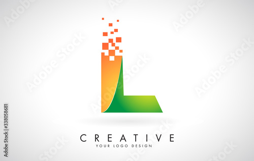 Letter L Logo Design in Bright Colors with Shattered Small blocks on white background.