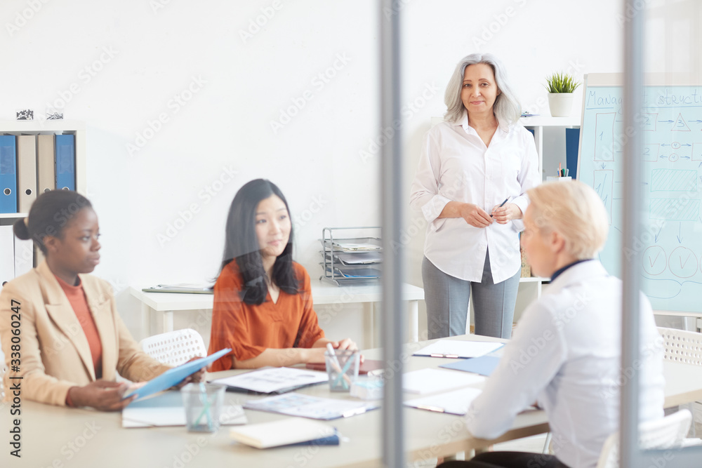 Diverse group of businesswomen planning project during meeting in conference room, shot from behind glass wall, copy space