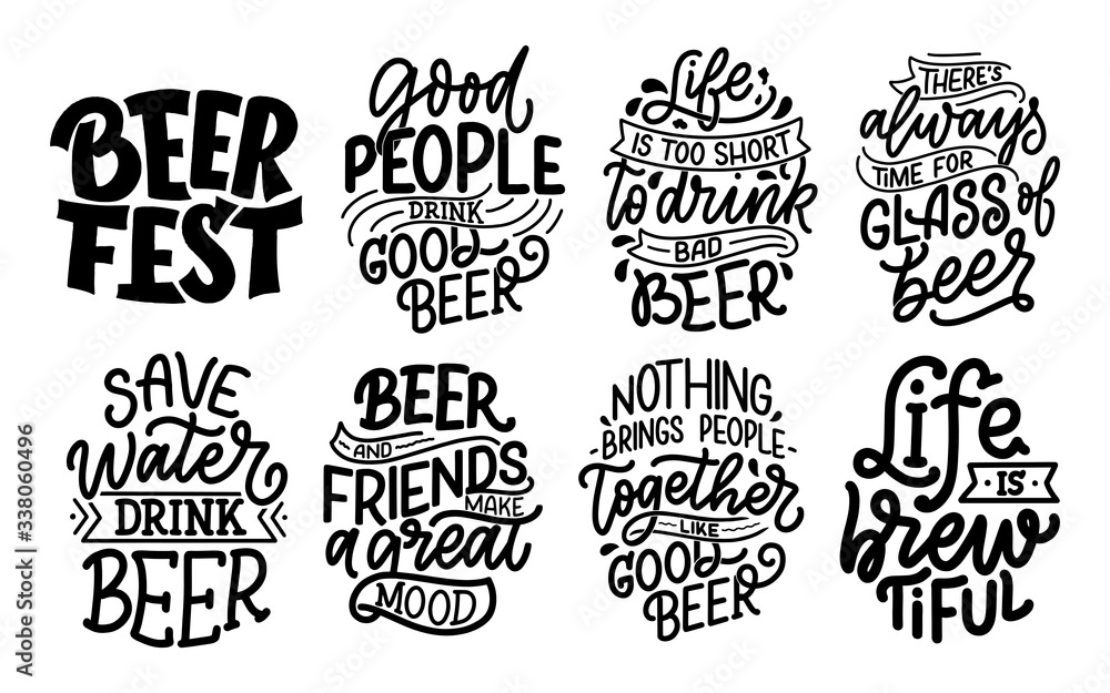 Fototapeta premium Set with lettering quotes about beer in vintage style. Calligraphic posters for t shirt print. Hand Drawn slogans for pub or bar menu design. Vector