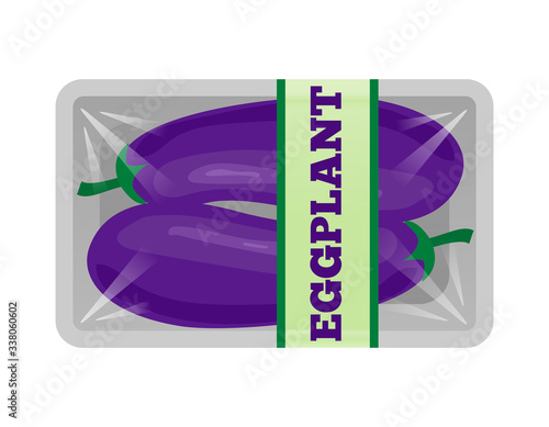 organic eggplant package in transparent foam tray isolated on white background